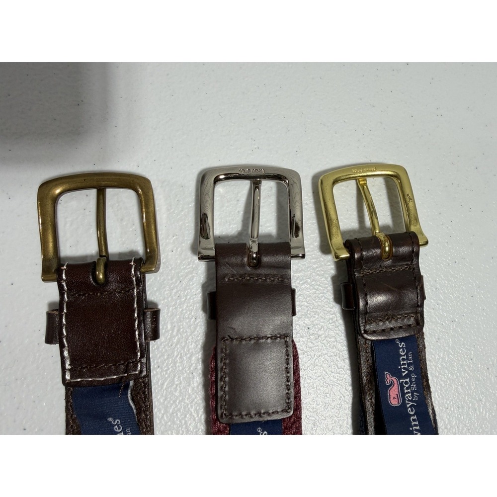Vineyard Vines Men’s Belts - Navy, Maroon, Pink with Brown Leather Trim - Picture 7 of 9